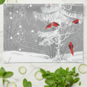 Linge De Cuisine Oiseaux rouges, Noël blanc (Plié)