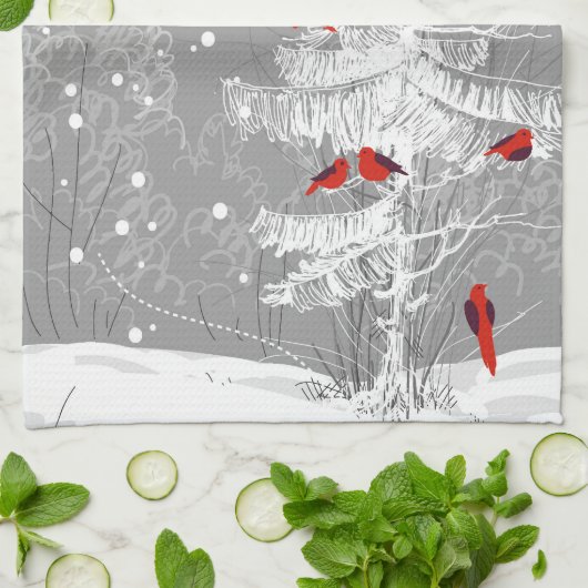 Linge De Cuisine Oiseaux rouges, Noël blanc (Plié)