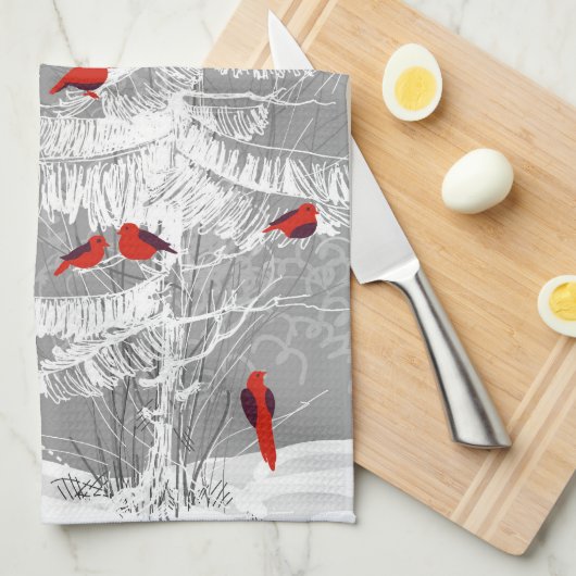 Linge De Cuisine Oiseaux rouges, Noël blanc (Quart Plié)