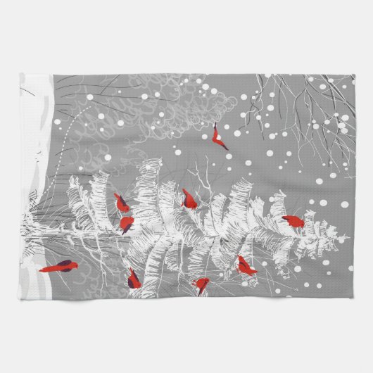 Linge De Cuisine Oiseaux rouges, Noël blanc (Horizontal)