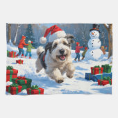 Linge De Cuisine Old English Sheepdog Running in Snow Christmas Cas (Horizontal)