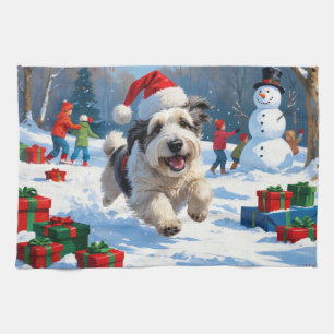 Linge De Cuisine Old English Sheepdog Running in Snow Christmas Cas