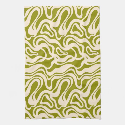 Linge De Cuisine Olive Green and Cream 1970 Retro Modern Swirl (Vertical)