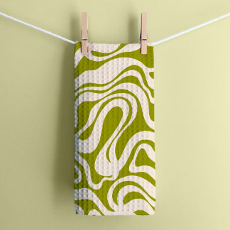 Linge De Cuisine Olive Green and Cream 1970 Retro Modern Swirl