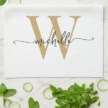Linge De Cuisine Or Blanc Moderne Écriture Personnalisée Monogramme<br><div class="desc">Serviette de cuisine personnalisée élégante moderne fille blanche et or avec monogramme initiale nom signature script. Ce design présentant votre prénom dans un joli style lettrage à main levée avec monogramme initiale en or et noir sur fond blanc. Celles-ci sont faciles à personnaliser. Cadeau de pendaison de crémaillère féminin élégant,...</div>
