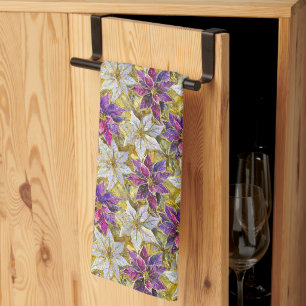 Linge De Cuisine Or Blanc Rose Violet Noël Poinsettias