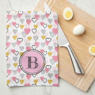 Linge De Cuisine Or éclatant de monogramme et coeurs roses