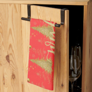 Linge De Cuisine Or JOYEUX sur Étiquette de NoëlFête de Noël Rouge