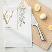 Linge De Cuisine Or Monogramme Aquarelle Verdure (Quart Plié)
