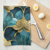 Linge De Cuisine Or Turquoise floral japonais (Quart Plié)