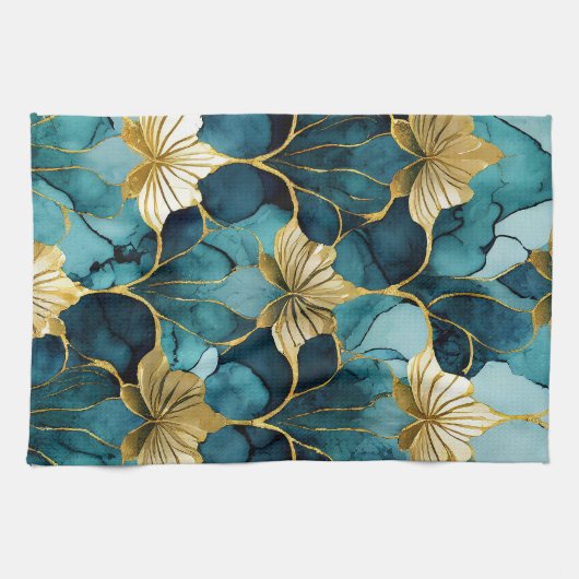 Linge De Cuisine Or Turquoise floral japonais (Horizontal)