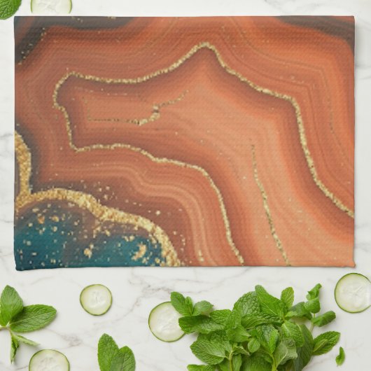 Linge De Cuisine Orange Bleu et Géode Or (Plié)