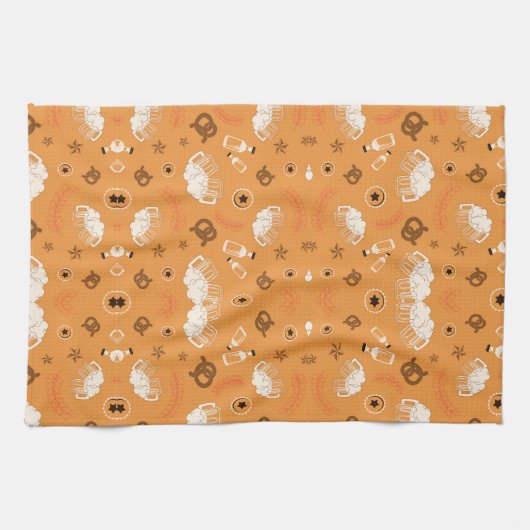 Linge De Cuisine Orange fabric pattern with white sheep (Horizontal)