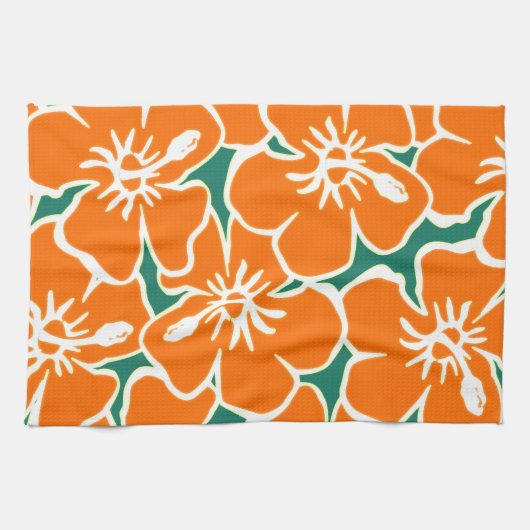 Linge De Cuisine Orange Hibiscus Fleurs Tropical Hawaiian Luau (Horizontal)