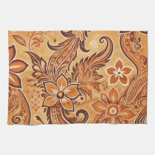 Linge De Cuisine Orange Terracotta Batik Floral Boho Rustique