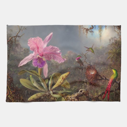 Linge De Cuisine Orchidée de Cattleya et trois colibris par Heade (Horizontal)
