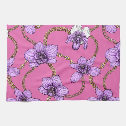 Linge De Cuisine Orchidées et chaînes, violet et rose (Horizontal)