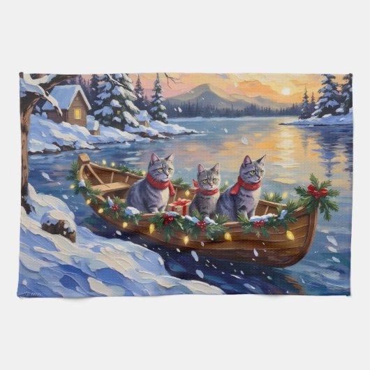 Linge De Cuisine Oriental Blue Cat Christmas Boat Holiday (Horizontal)