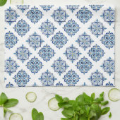 Linge De Cuisine Ornement brodé bleu sur blanc (Plié)