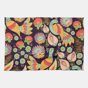 Linge De Cuisine Ornement vintage Folk Floral Birds