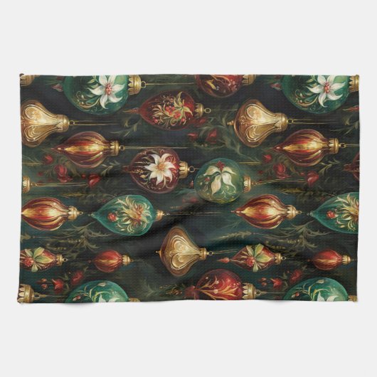 Linge De Cuisine Ornements de Noël Rouge Vert Or (Horizontal)