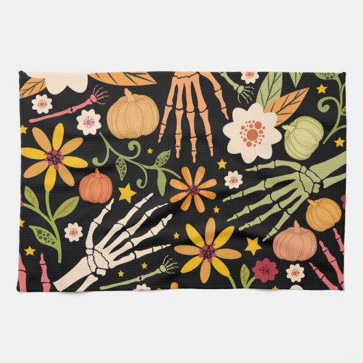 Linge De Cuisine Os d'Halloween, motif floral sans couture. (Horizontal)