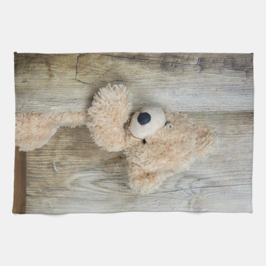 Linge De Cuisine Ours Cute Stuffé Mur Rustique En Bois (Horizontal)