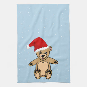 Linge De Cuisine Ours en peluche mignon avec chapeau de Noël bleu N