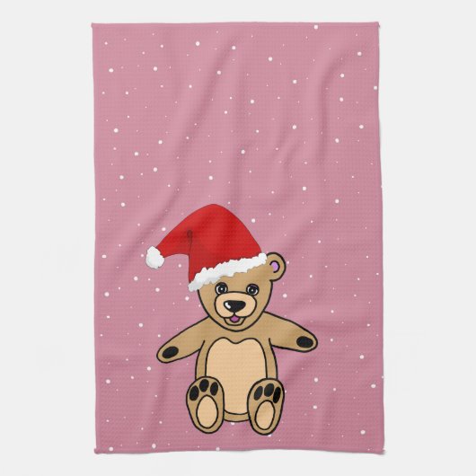 Linge De Cuisine Ours en peluche mignon avec chapeau de Noël rose (Vertical)