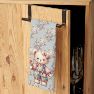 Linge De Cuisine Ours en peluche pastel tenant une fleur et portant