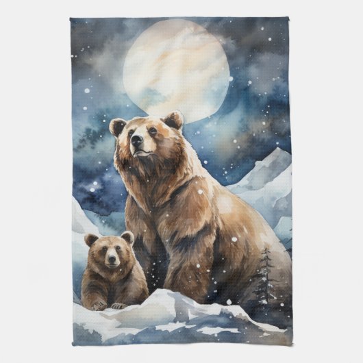 Linge De Cuisine Ours Grizzly et bébé (Vertical)