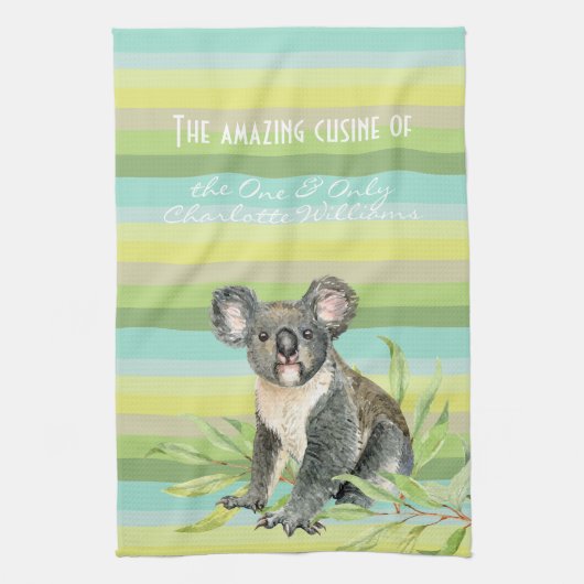 Linge De Cuisine Ours Koala mignon sur vert rayé bg nom personnalis (Vertical)