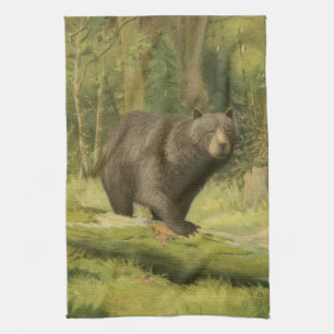 Linge De Cuisine Ours noir faisant un pas sur un tronc d'arbre