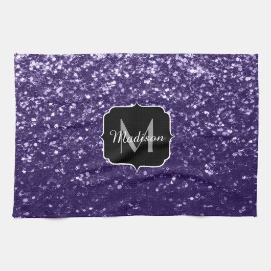 Linge De Cuisine Paillettes de violet ultra foncé Monogramme (Horizontal)