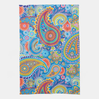 Linge De Cuisine Paisley bleu, rouge, orange et jaune