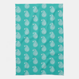 Linge De Cuisine Paisley perse - blanc sur turquoise