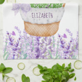 Linge De Cuisine Panier de fleurs de lavande avec monogramme vert v (Plié)