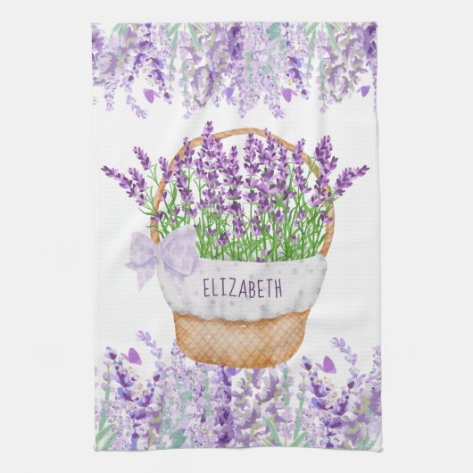 Linge De Cuisine Panier de fleurs de lavande avec monogramme vert v (Vertical)