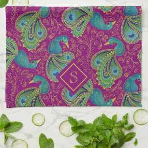 Linge De Cuisine Paon Paisley Royal Rose Fuchsia Monogramme