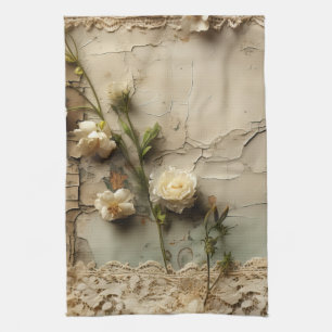 Linge De Cuisine Papier Vieilli avec Motif de Fleur Rustique Blanch