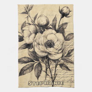 Linge De Cuisine Papier Vieilli Fleurie Brun Vintage