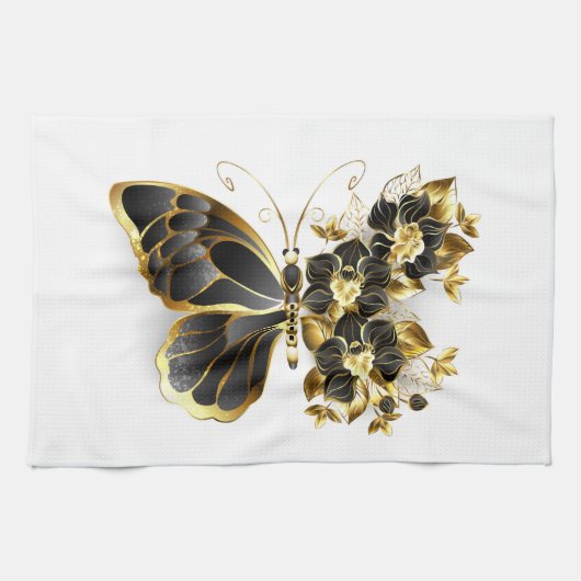 Linge De Cuisine Papillon à fleurs d'or avec orchidée noire (Horizontal)