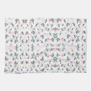 Linge De Cuisine Papillon bleu et fleurs roses à l'aquarelle vintag