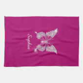 Linge De Cuisine Papillon Diamant Blanc, Nom de Script, Fuchsia Pro (Horizontal)