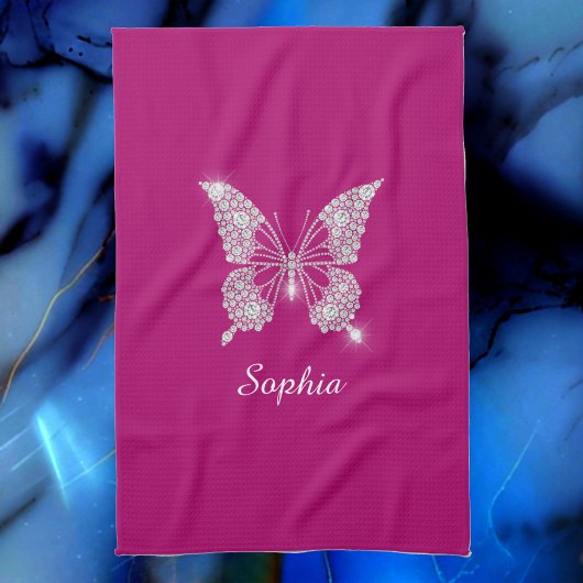 Linge De Cuisine Papillon Diamant Blanc, Nom de Script, Fuchsia Pro