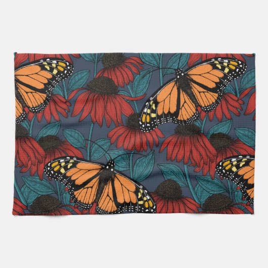 Linge De Cuisine Papillon monarque sur des fleurs rouges (Horizontal)