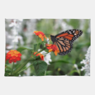 Linge De Cuisine Papillon Monarque sur Orange et Lantana Rouge