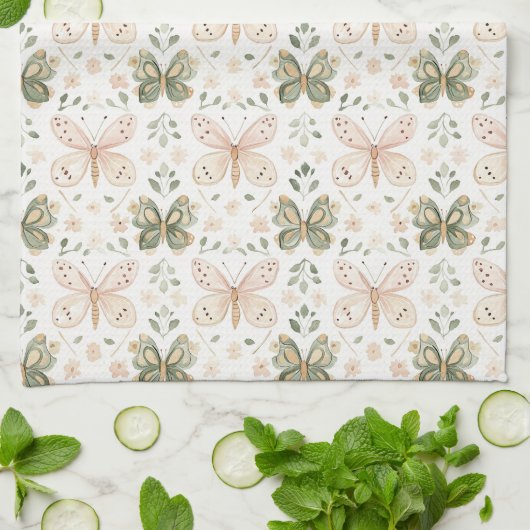 Linge De Cuisine Papillon Rose Pâle Vert Menthe (Plié)