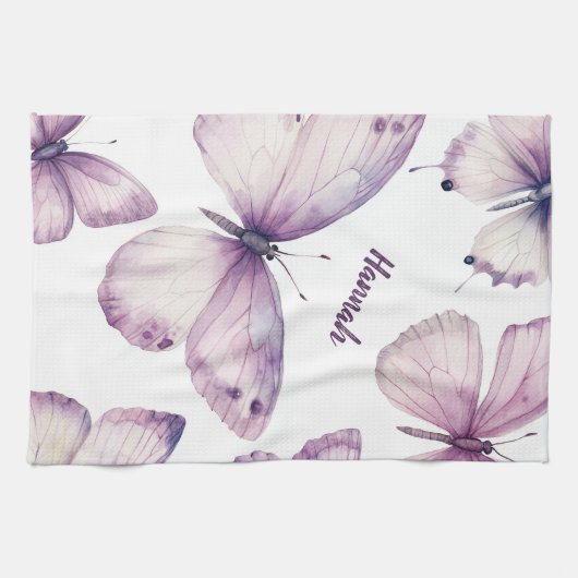 Linge De Cuisine Papillon Violet Aquarelle Élégant NOM PERSONNALISÉ (Horizontal)