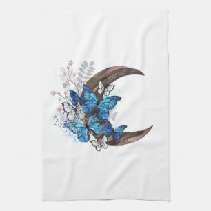Linge De Cuisine Papillons bleus sur croissant en bois